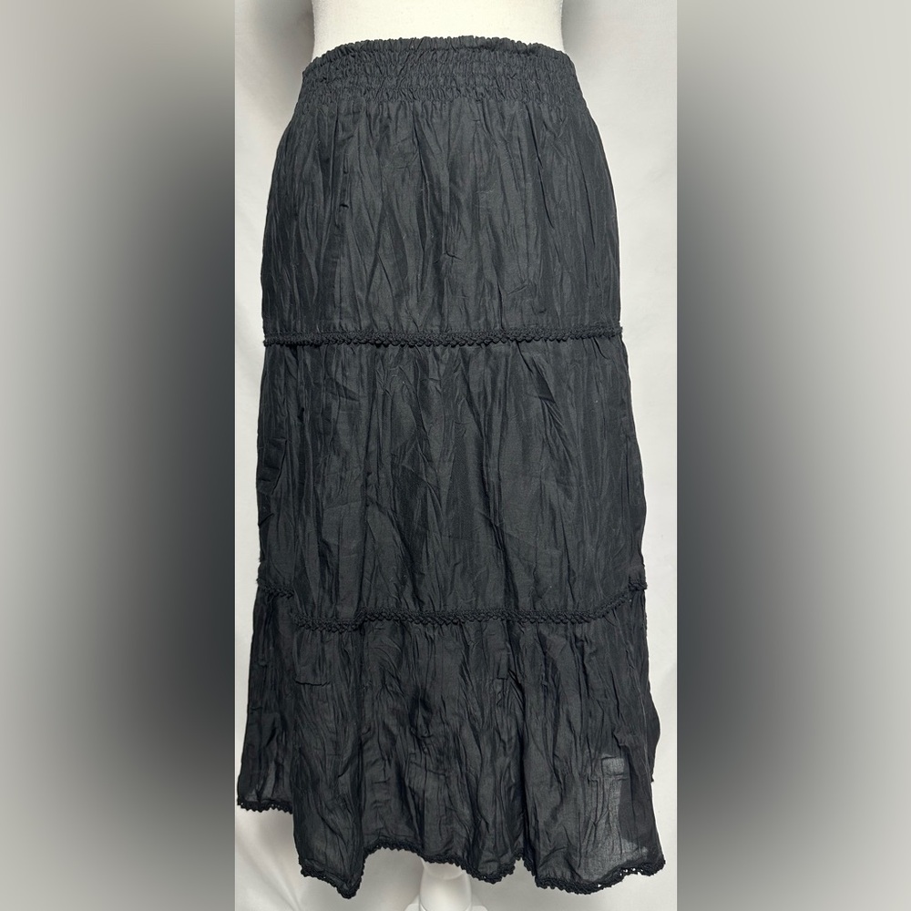 DELLA SPIGA 100% Cotton Black Tiered Boho Festival Midi‎ Skirt Size XS